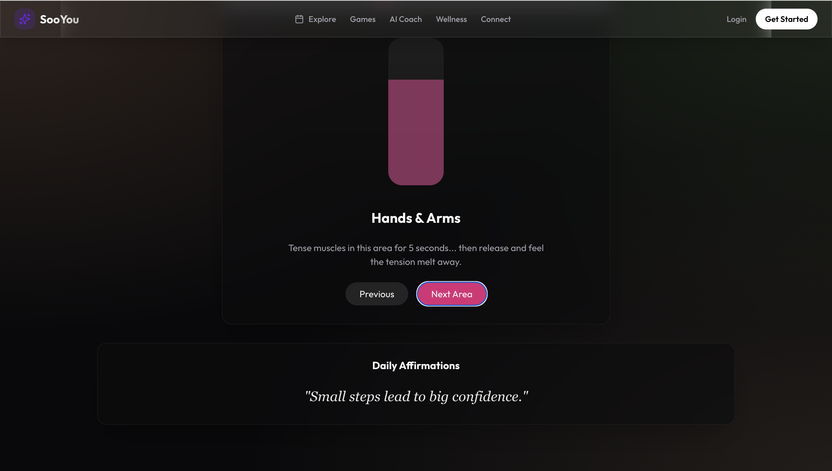 SooYou body scan showing hands and arms area highlighted with previous and next area navigation