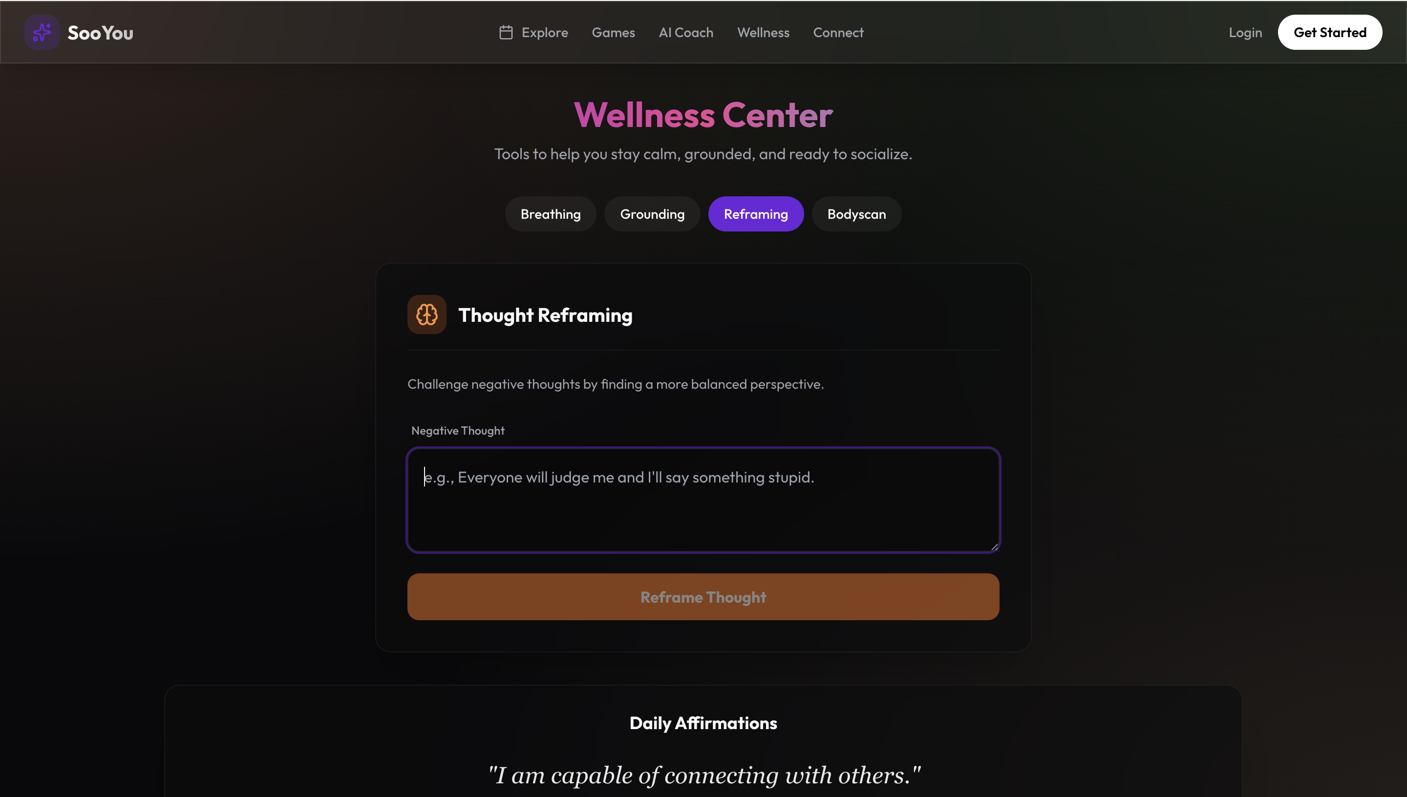 SooYou thought reframing interface where users can input negative thoughts and receive balanced perspective reframes