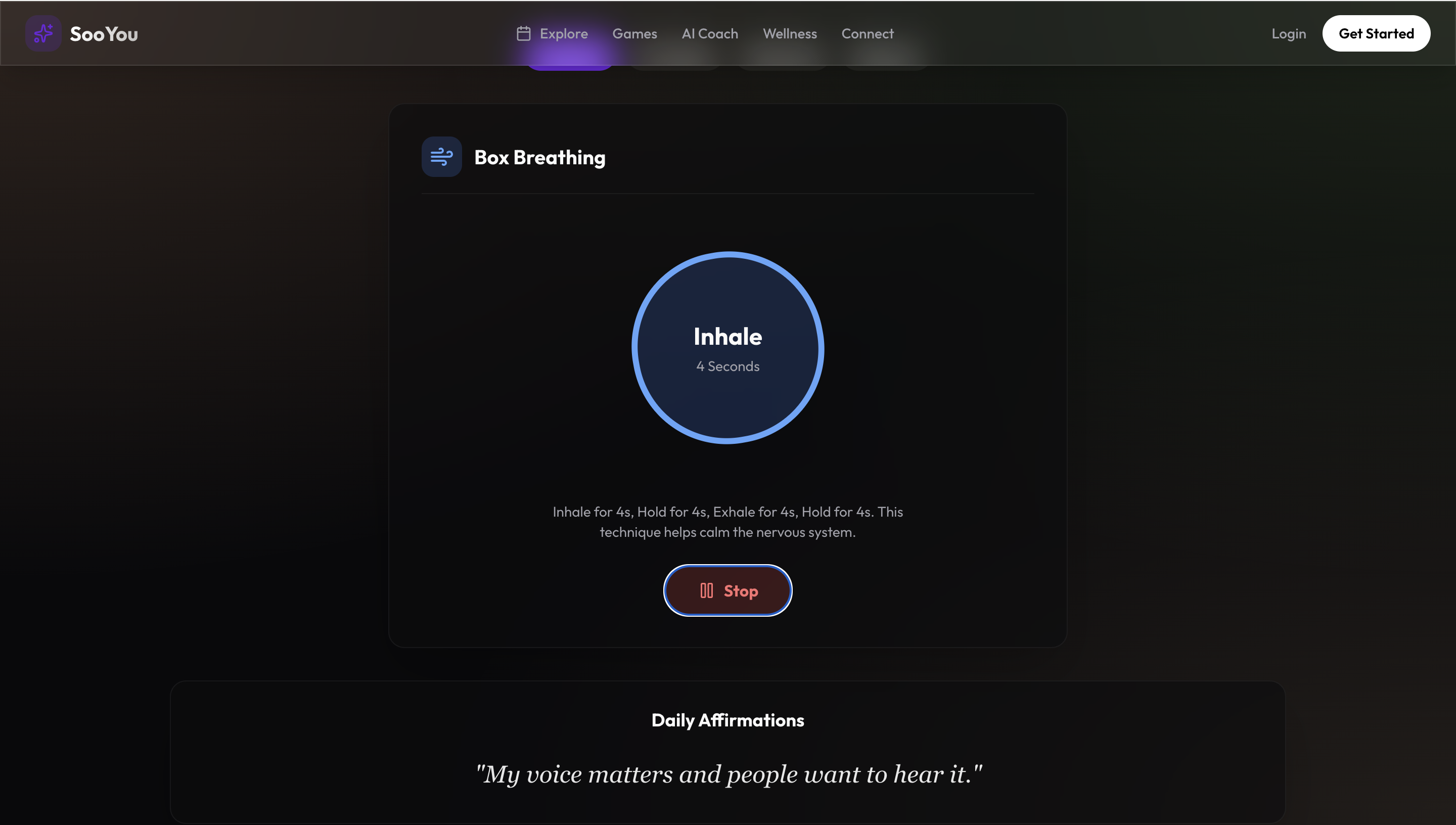 SooYou box breathing exercise in action showing inhale phase with 4-second timer and daily affirmation