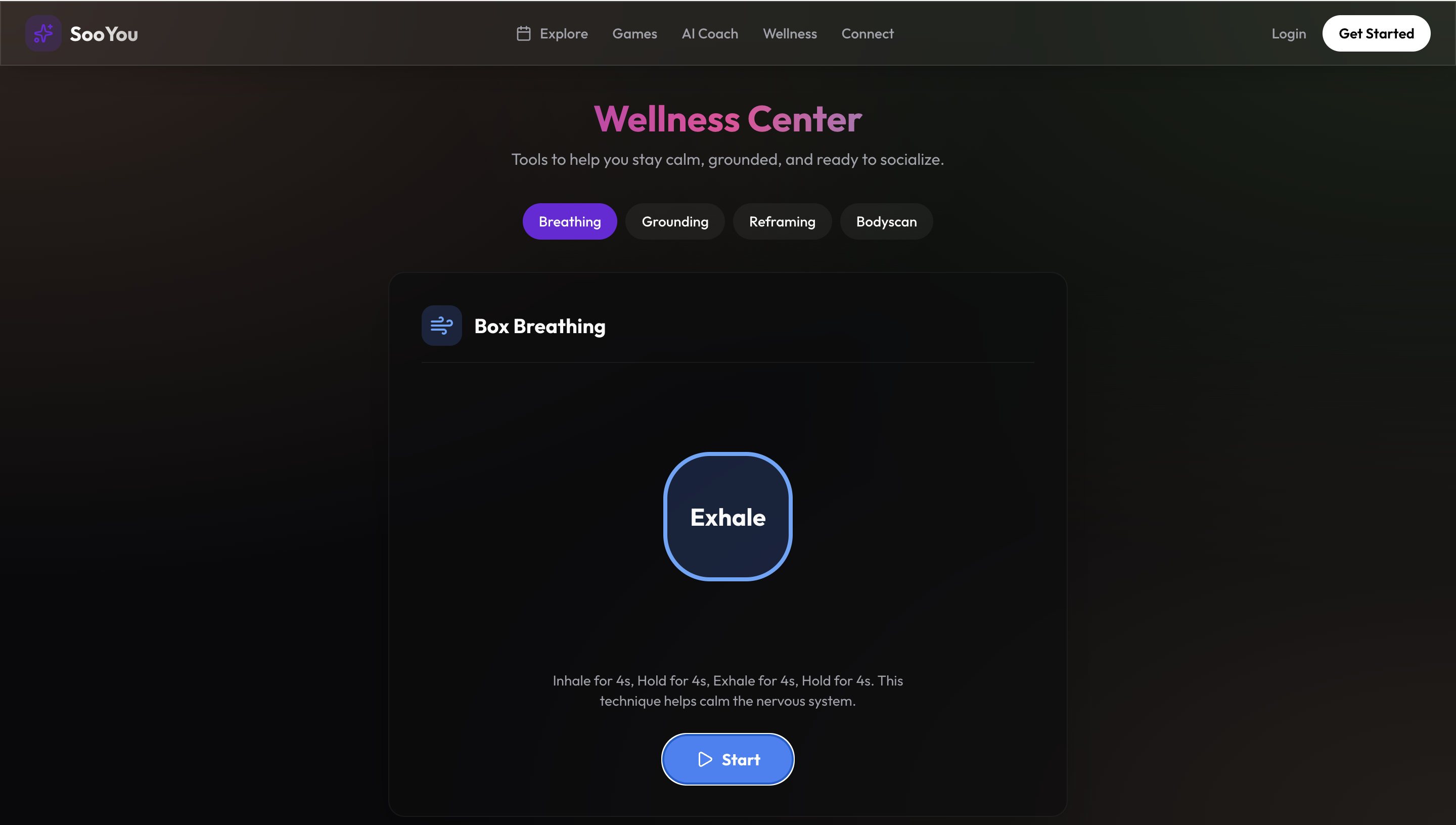 SooYou Wellness Center showing breathing, grounding, reframing, and bodyscan tabs with box breathing exercise