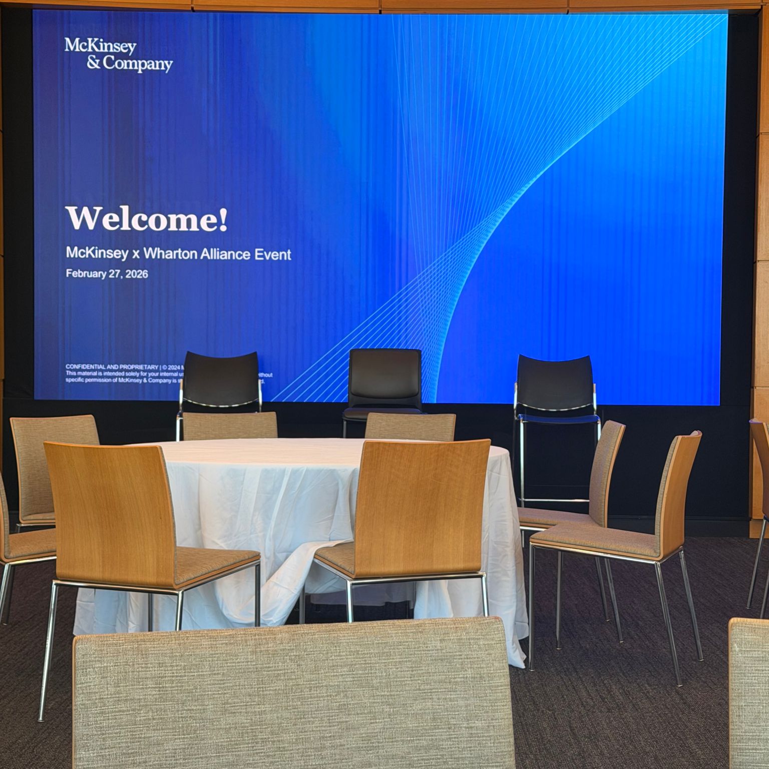 McKinsey & Company welcome screen at the Wharton Alliance Event